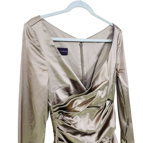 TALBOT‎ RUNHOF Designer Dress Sz 8/38 Satin Ruched Long Sleeve Cocktail Metallic - Picture 6 of 10